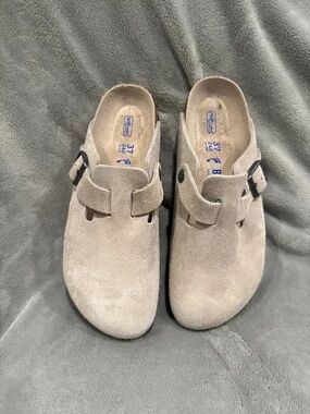 Suede Slip-On Clog Mules in Taupe